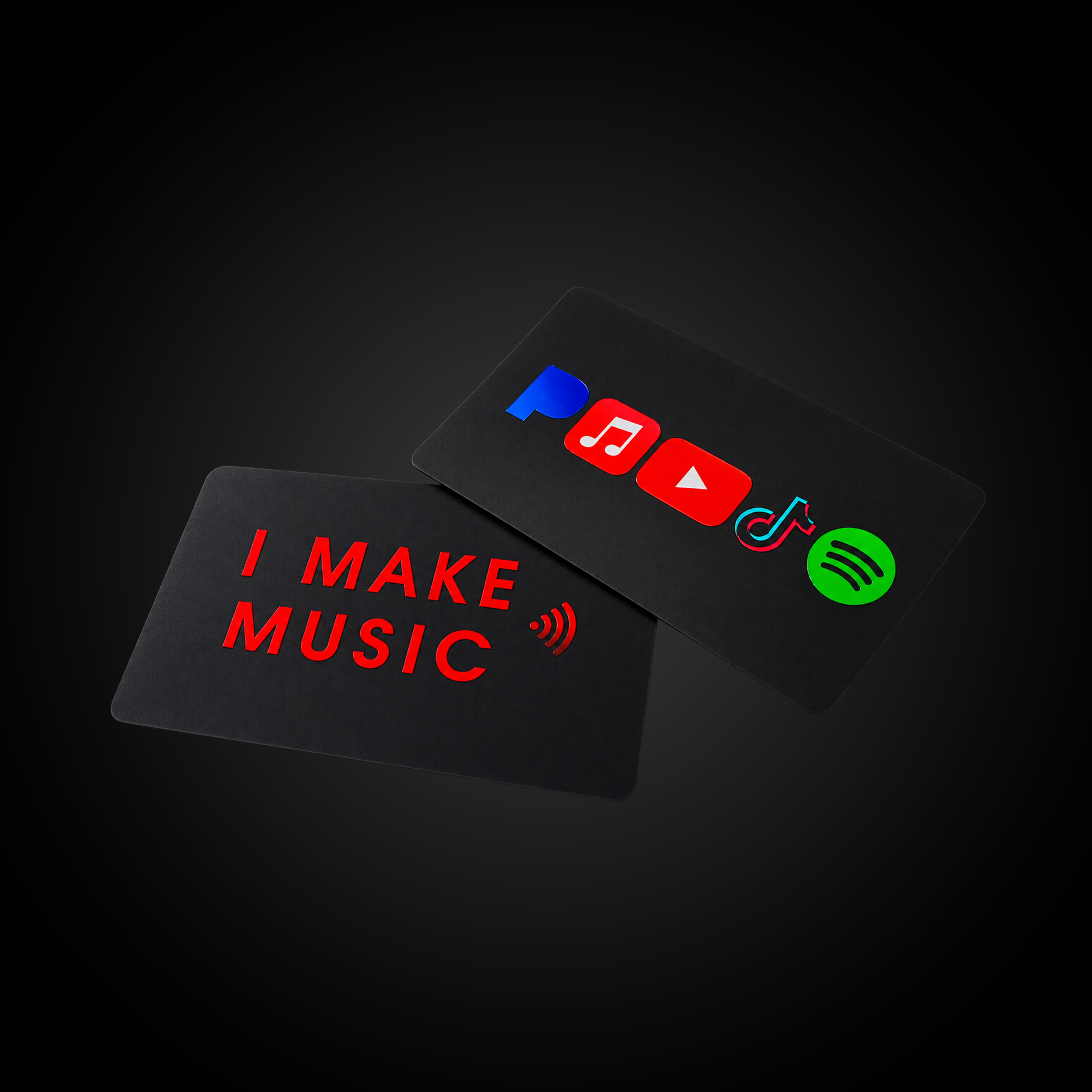 Two overlapping I Make Music NFC cards